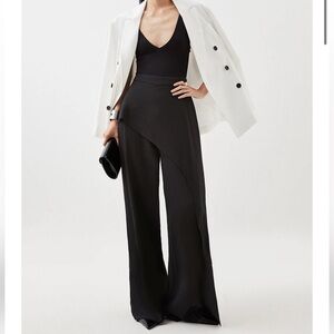 Karen Millen Black Compact Stretch Viscose Drape Wide Leg Trouser Pants 8 NWT